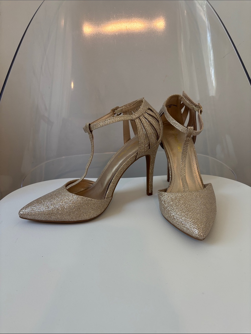 Dream Pairs Glitter Gold T-Strap Pointed Toe Heels